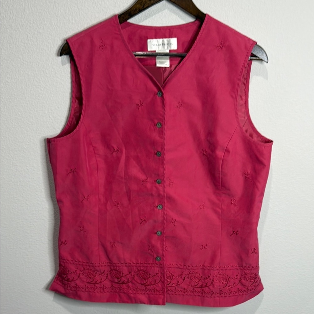 Susan Bristol Pink Vintage Button Up Embroidered Lined Vest Top Size XL